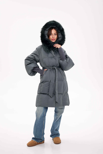 Genuine Silver Fox Fur Trim Down Coat in Forest Slate