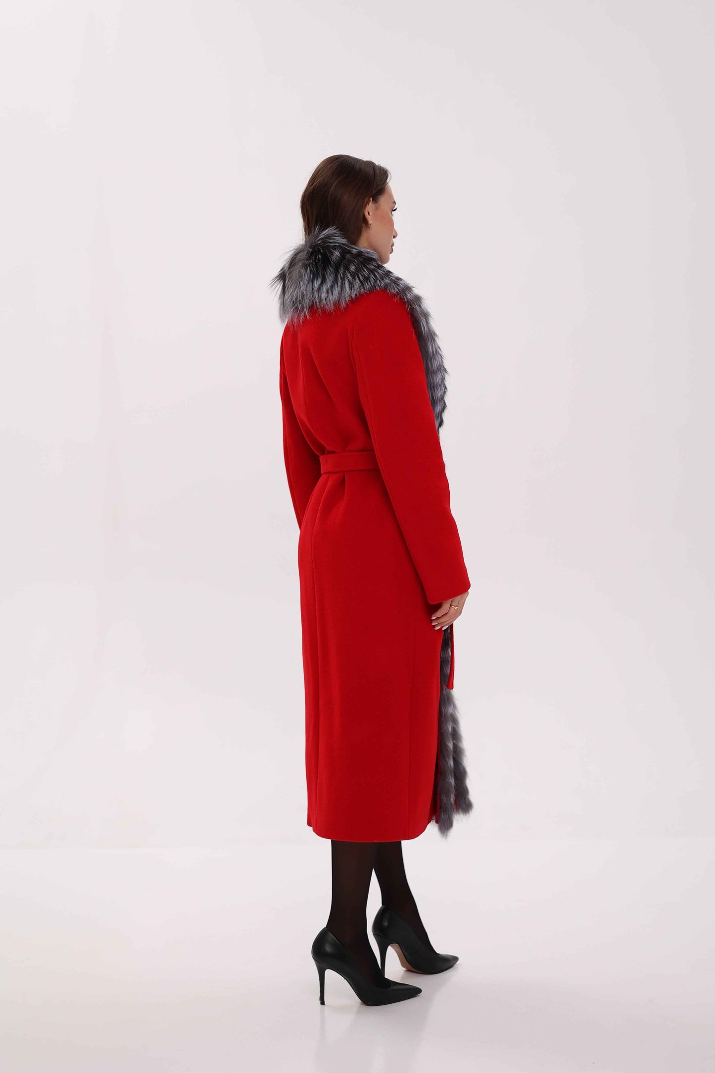 Genuine Silver Fox Virgin Wool Wrap Coat in Red