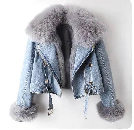 Denim Coat with Removable Fox & Rabbit Fur Liner - Solstik