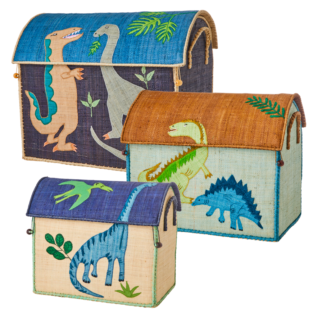 Raffia Storage Baskets with Dinosaur Theme - Set of 3 -