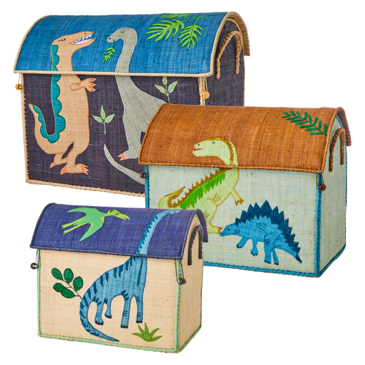 Raffia Storage Baskets with Dinosaur Theme - Set of 3 -