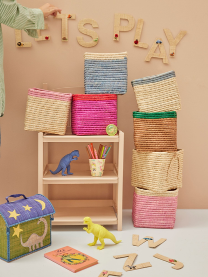Small Square Raffia Storage Basket with a Blue Top