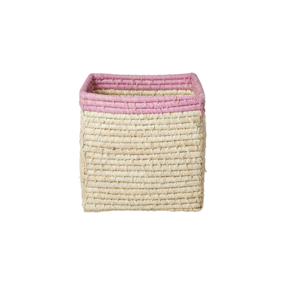 Small Square Raffia Storage Basket with a Pink Top