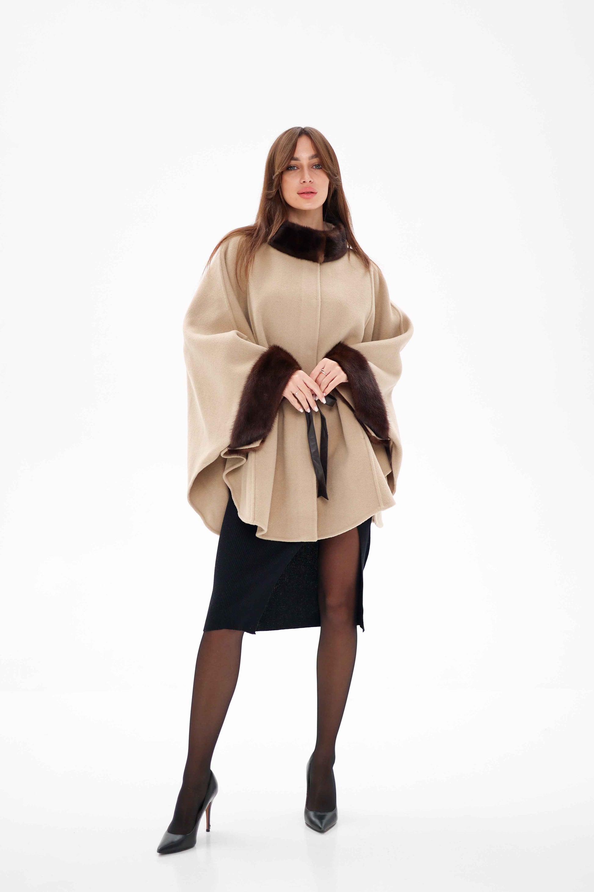 Genuine Scandinavian Mink Fur Double Face Wool Poncho