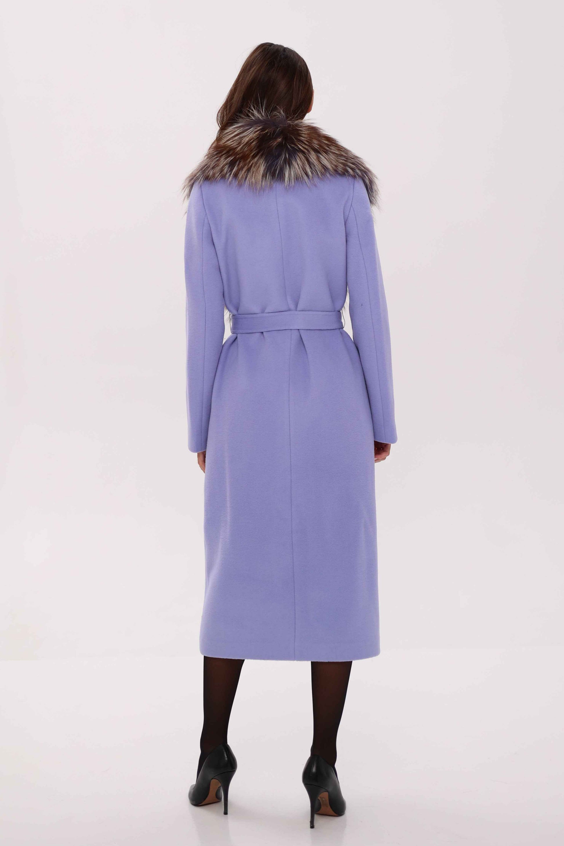 Genuine Silver Fox Virgin Wool Wrap Coat in Lavender