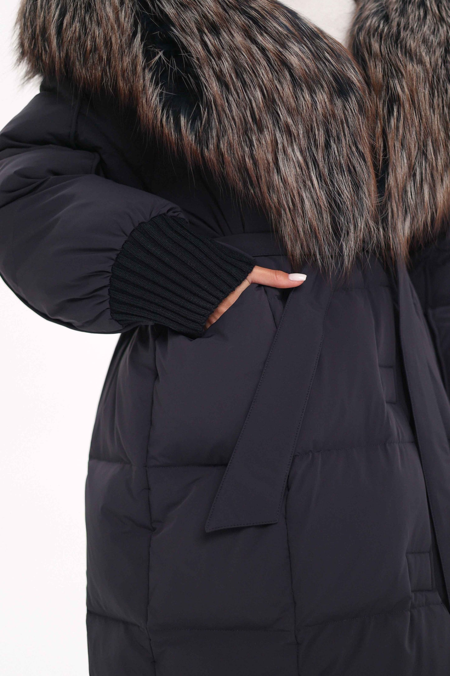 Rei Genuine Fur Trim Hooded Down Coat in Navy