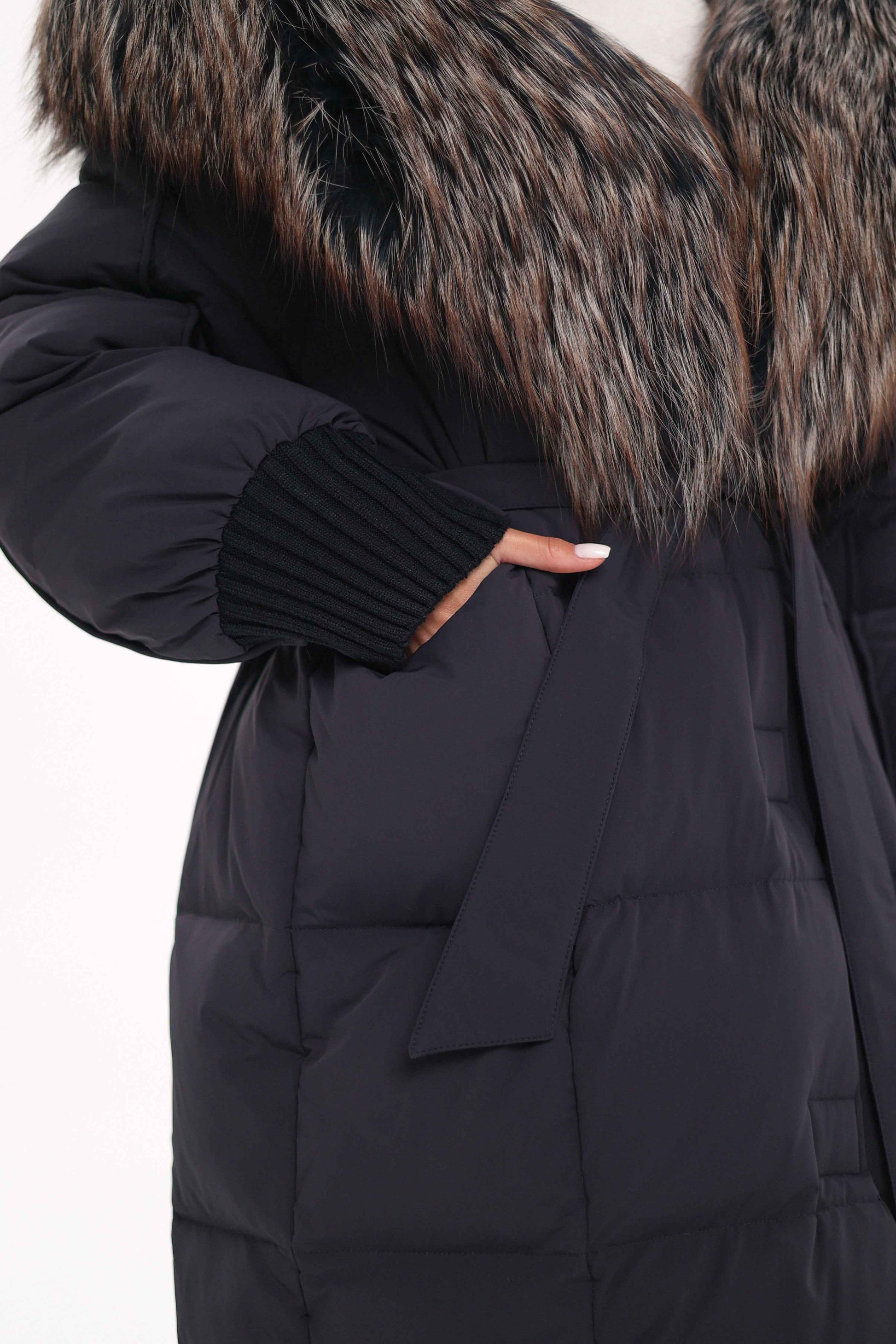 Rei Genuine Fur Trim Hooded Down Coat in Navy