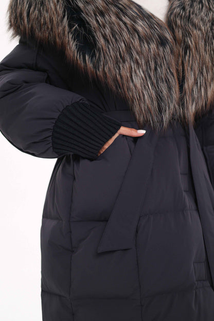 Rei Genuine Fur Trim Hooded Down Coat in Navy