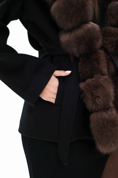 Genuine Polar Fox Fur Hooded Virgin Wool Coat
