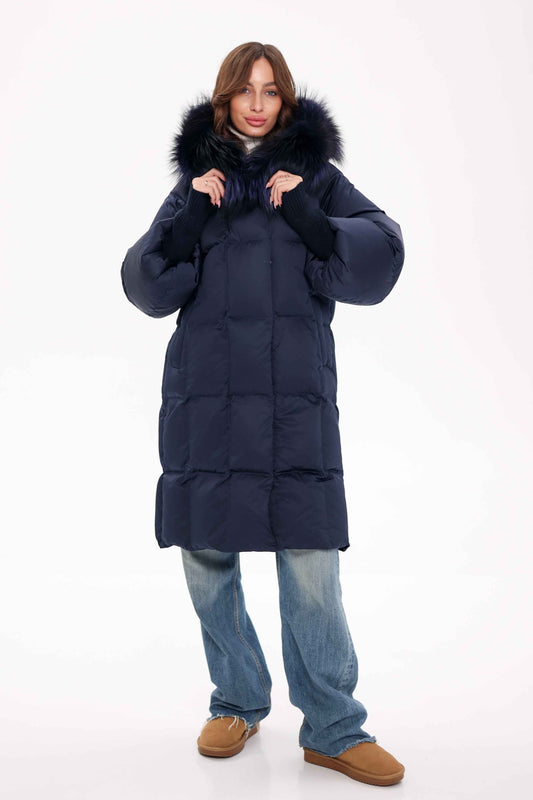 Genuine Fox Fur Trim Down Coat in Royal Blue