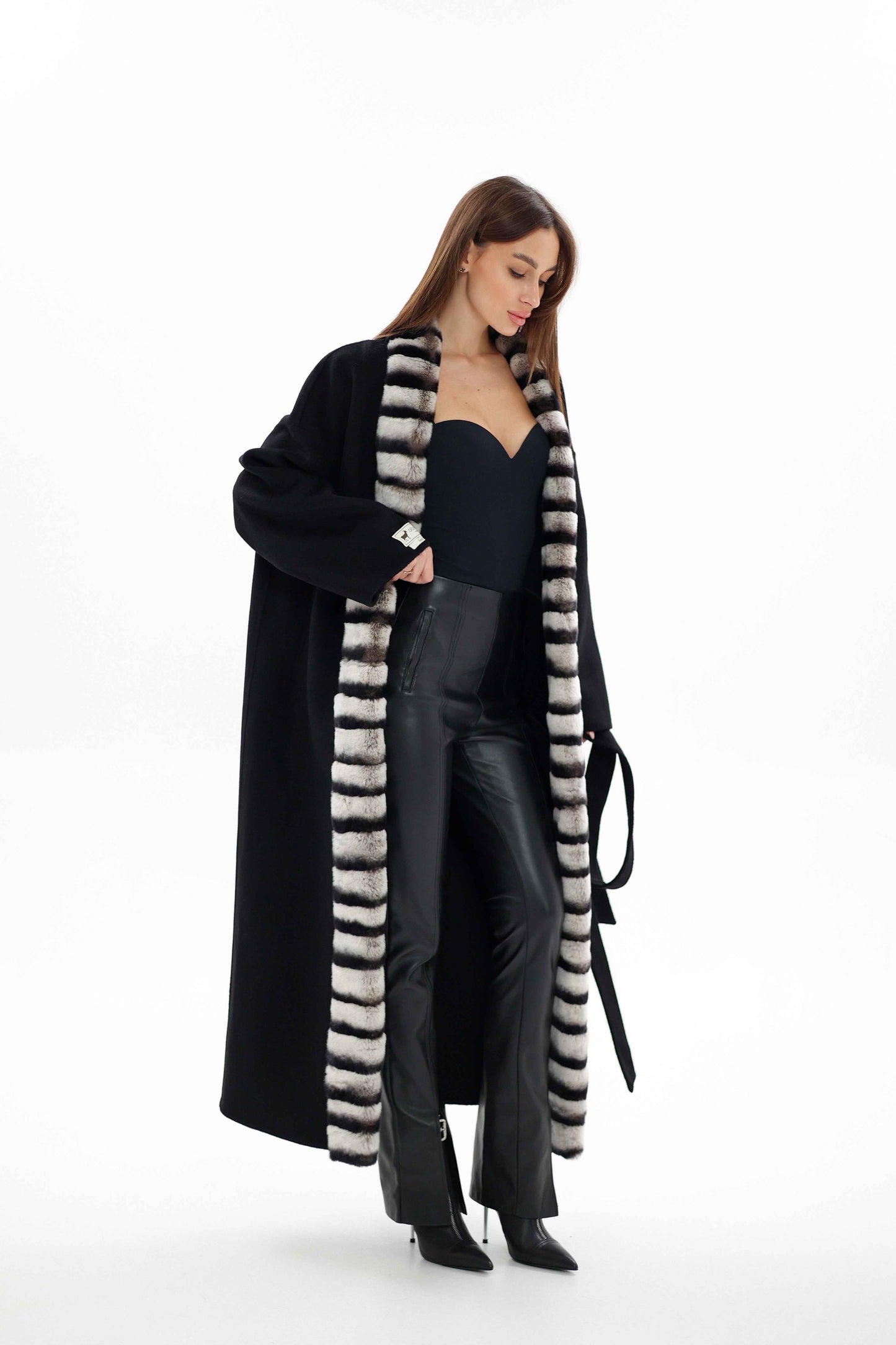 Genuine  French Orylag Fur Italian Cashmere Wool Coat 130cm