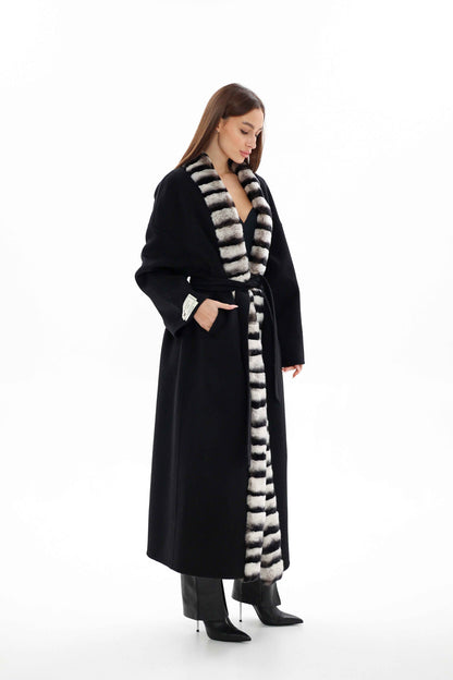 Genuine  French Orylag Fur Italian Cashmere Wool Coat 130cm