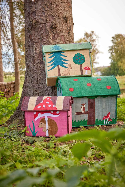 Raffia Toy Storage Baskets with Happy Forest Theme - Set of 3