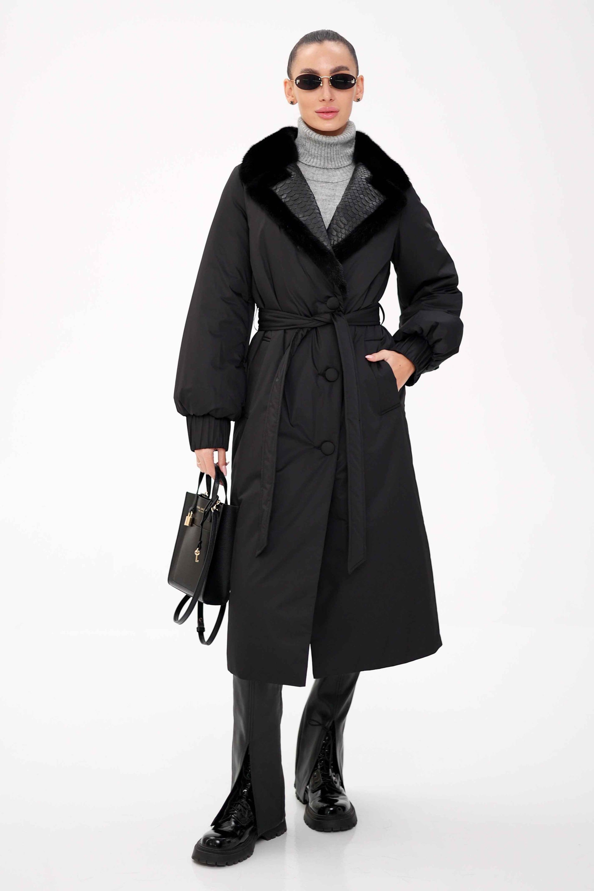 Genuine Mink Fur Real Python Leather Trim Coat