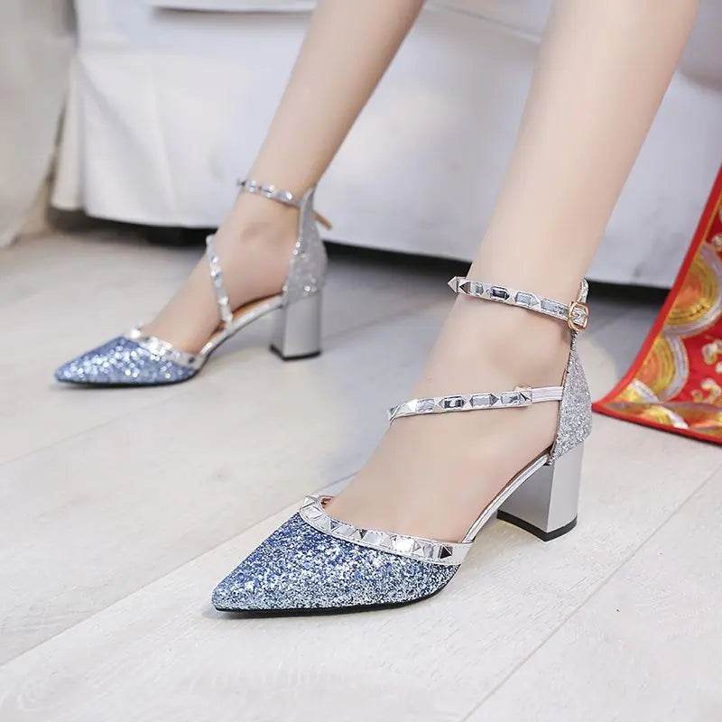 Sequined Block Heel Rivet Dance Shoes - Solstik