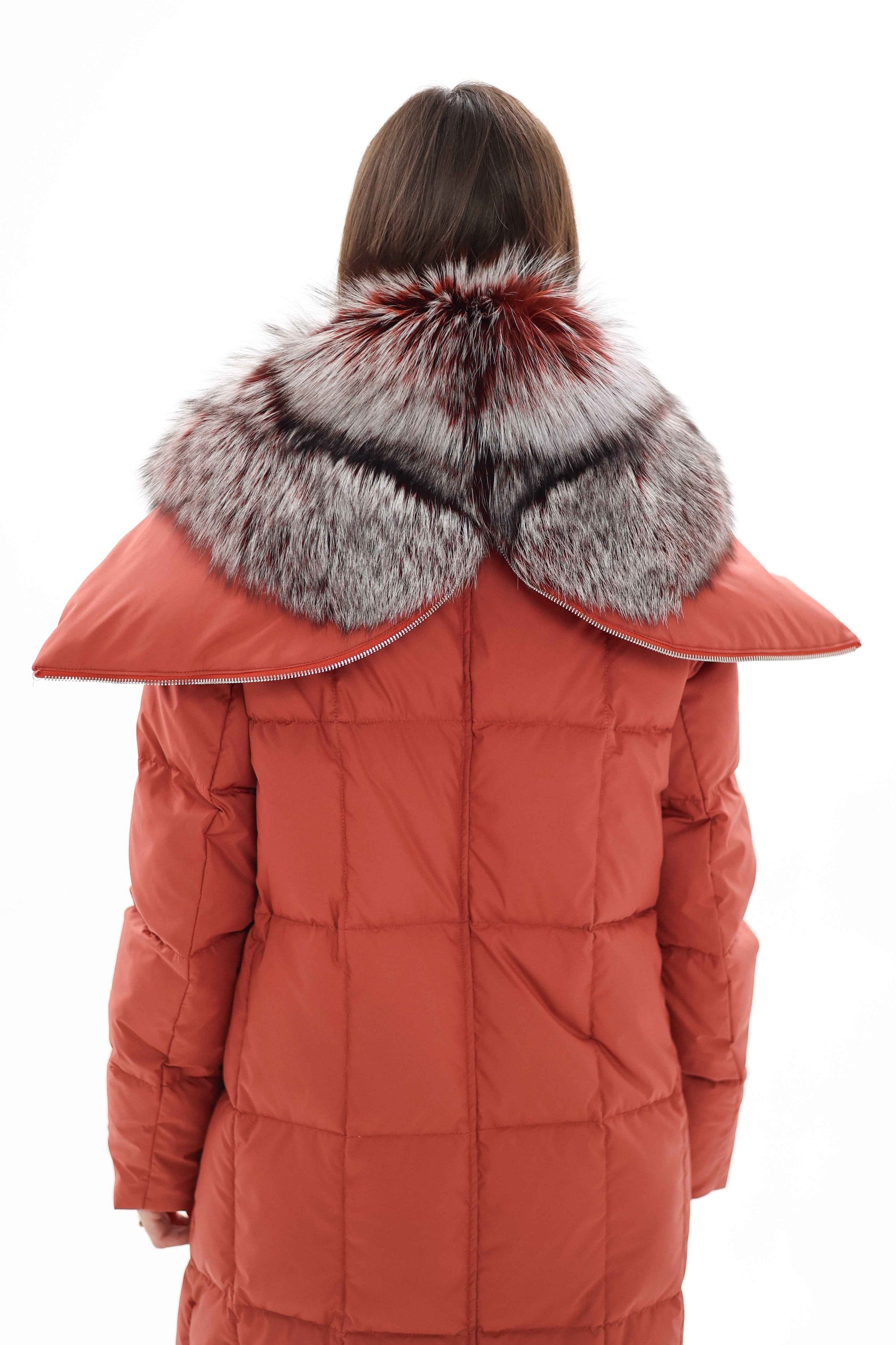 Genuine Silver Fox Fur Trim Down Coat