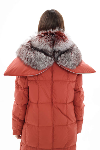 Genuine Silver Fox Fur Trim Down Coat