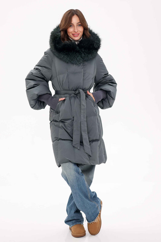 Genuine Silver Fox Fur Trim Down Coat in Forest Slate