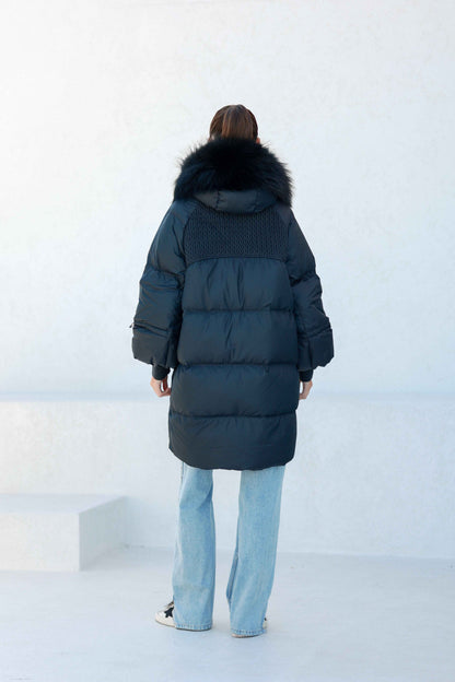 Celeste Genuine Fur Trim Down Fill Coat in Black