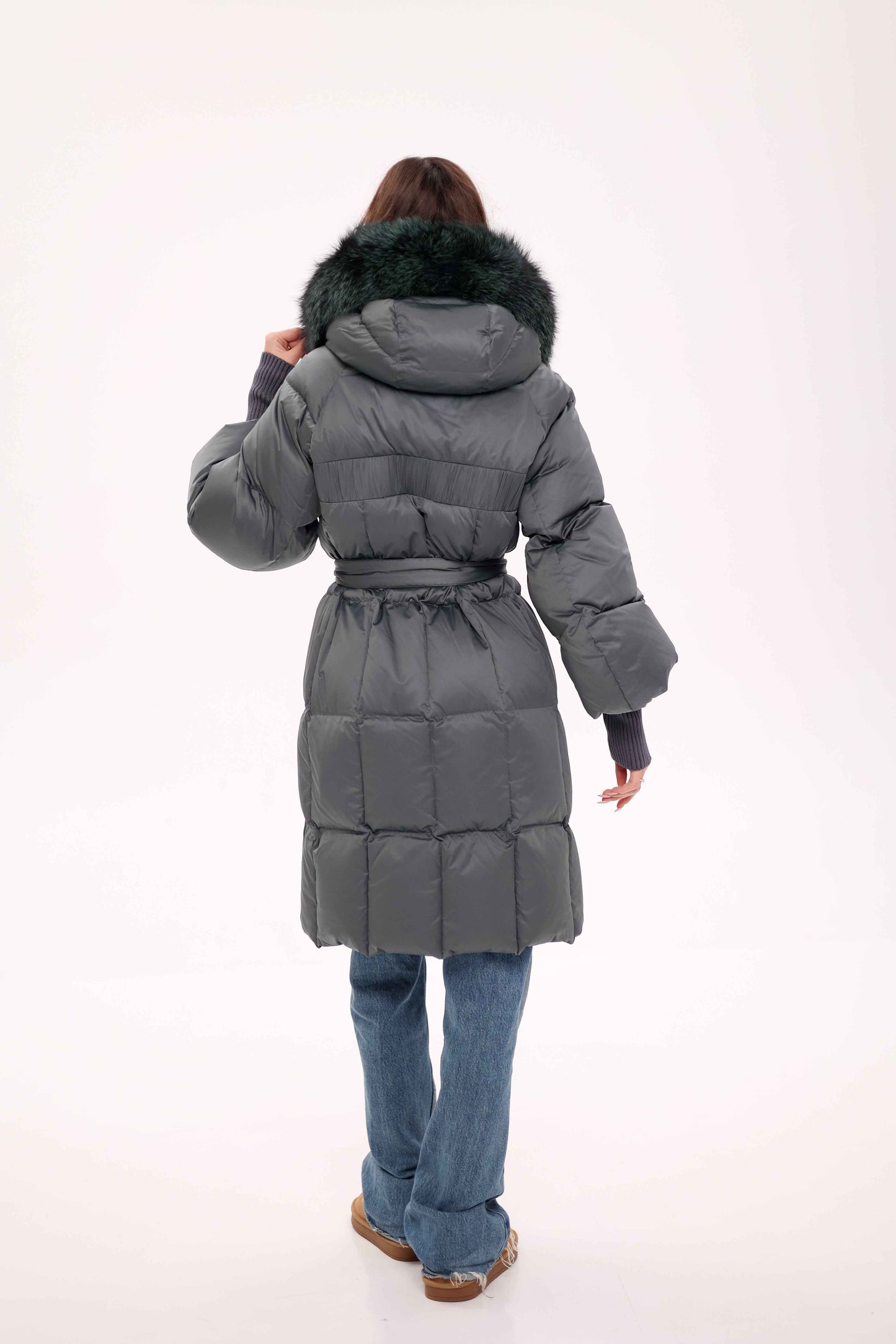 Genuine Silver Fox Fur Trim Down Coat in Forest Slate