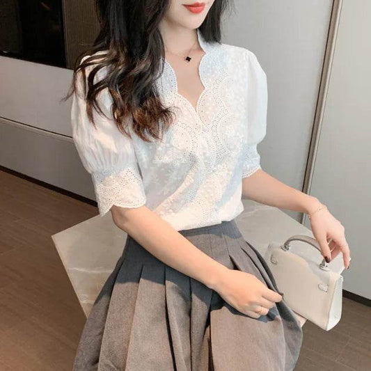V-Neck Floral Embroidery Cotton Blouse - Solstik