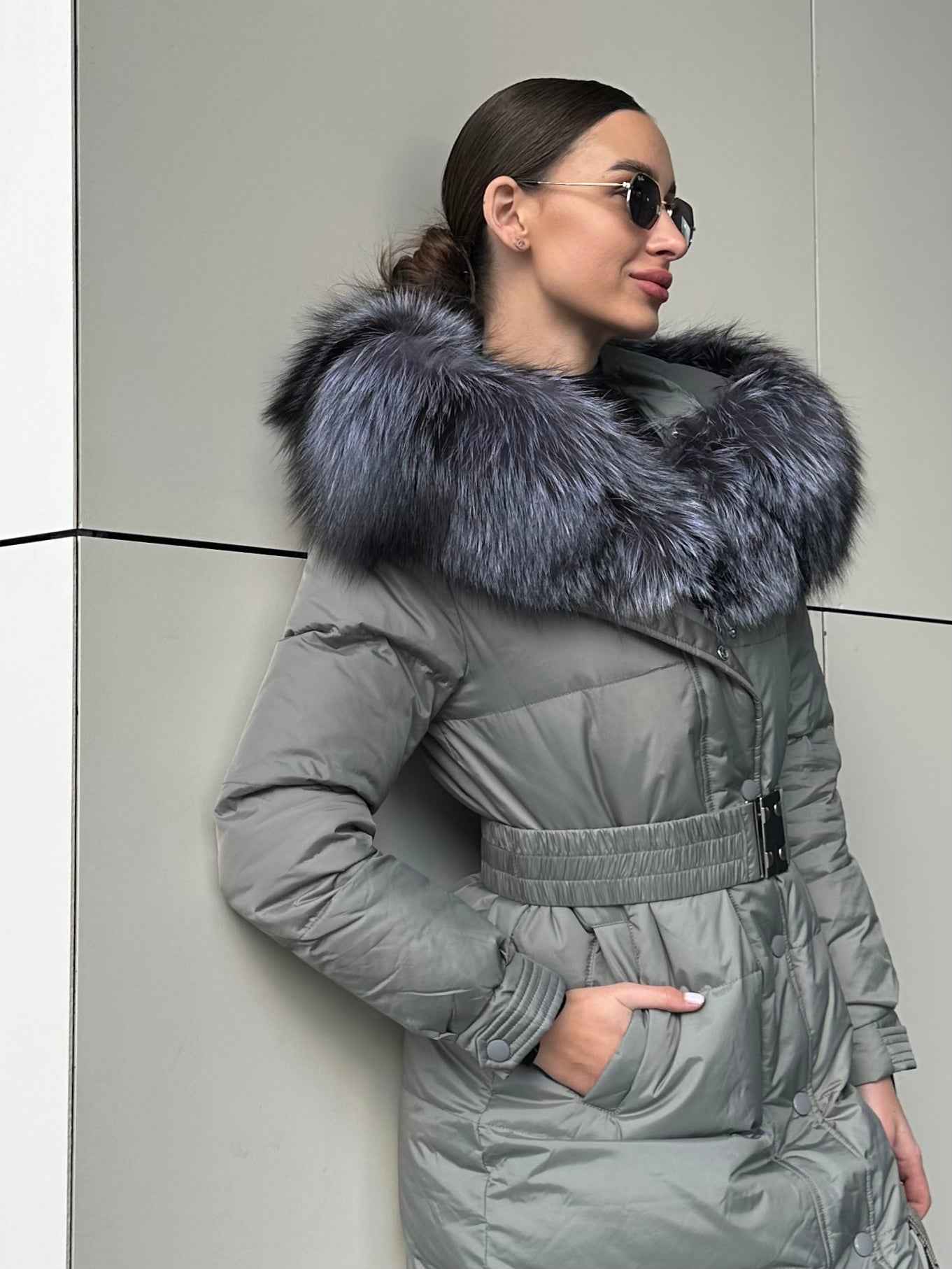 Genuine Silver Fox Down Belted Puffer Parka