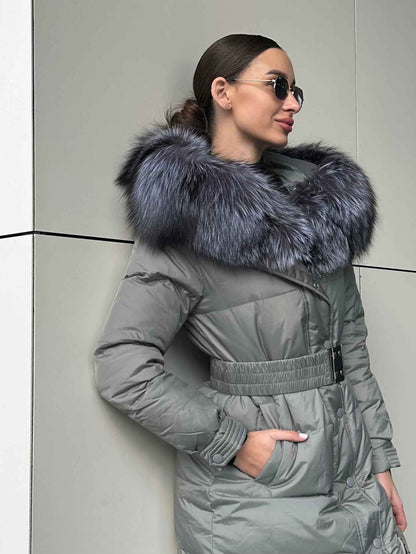 Genuine Silver Fox Down Belted Puffer Parka