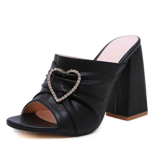 Thick-Heeled Rhinestone Sandals and Slippers - Solstik