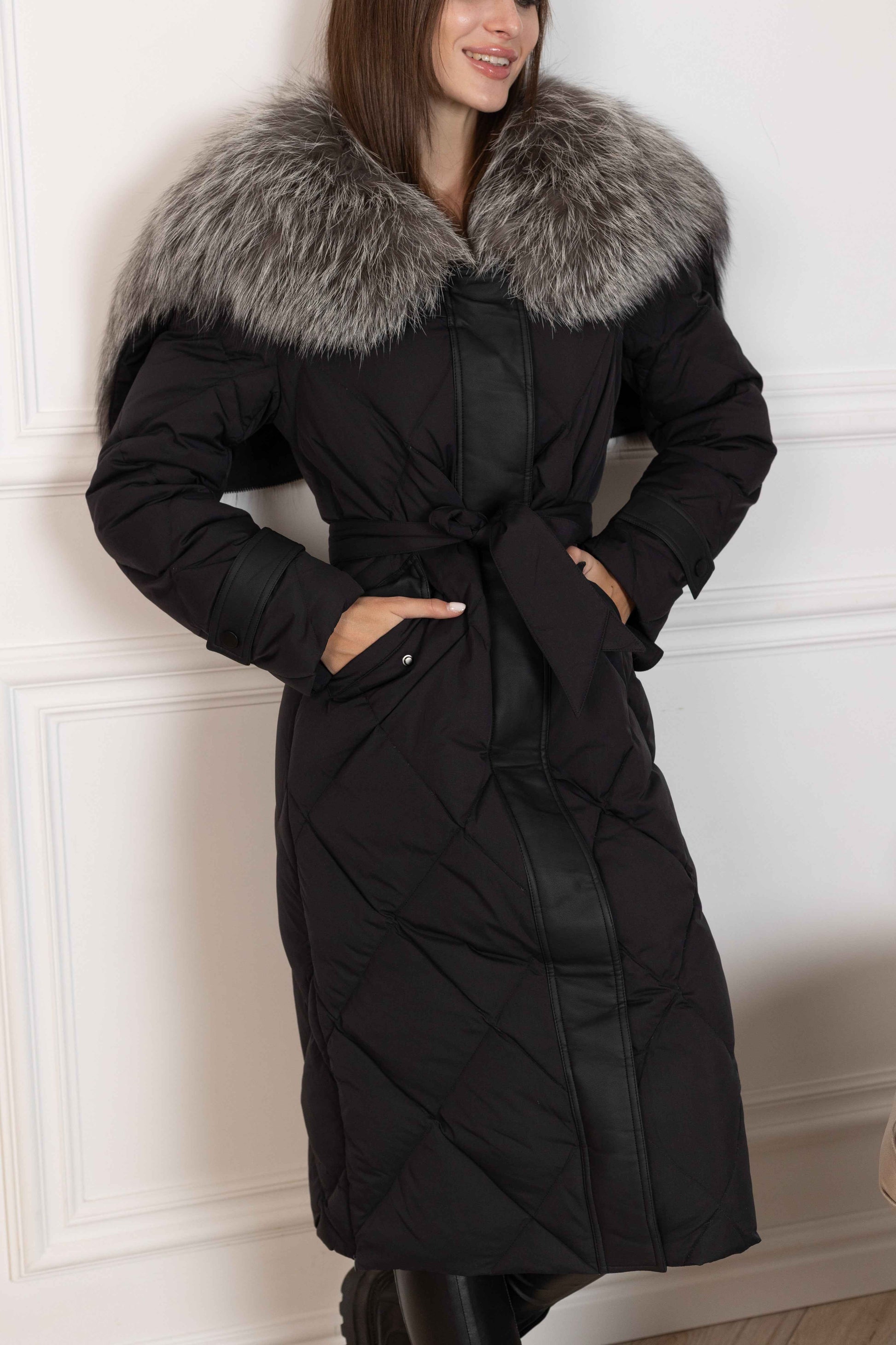 Genuine Silver Fox Fur Collar-Hood Down Winter Coat