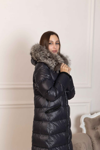 Genuine Silver Fox Fur Trim Down Fill Coat