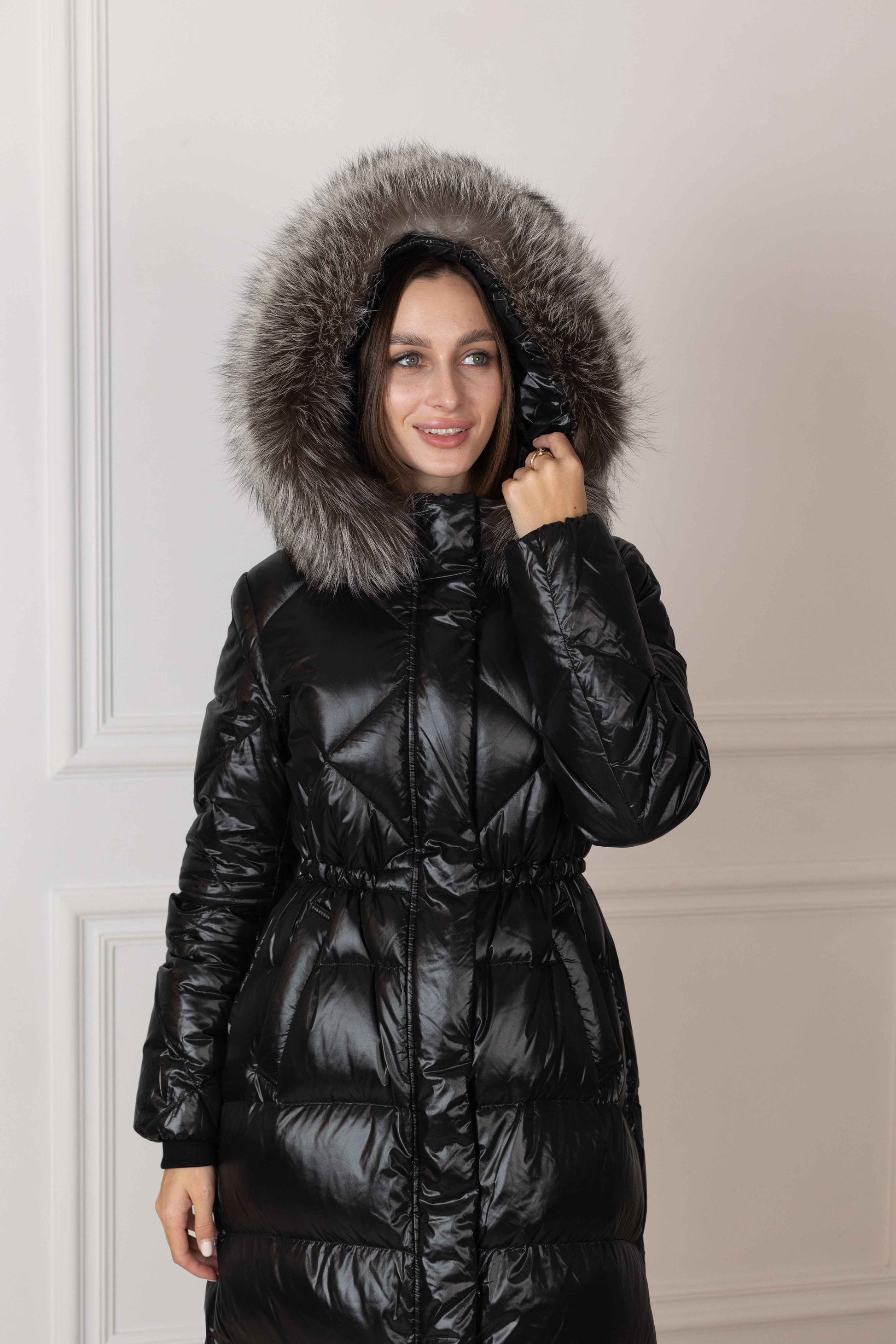 Genuine Silver Fox Fur Trim Down Fill Coat