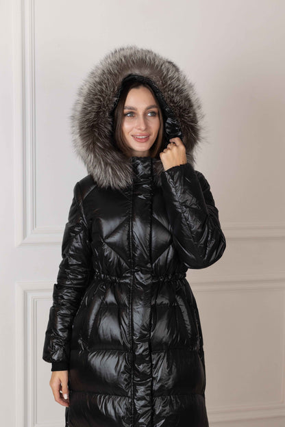 Genuine Silver Fox Fur Trim Down Fill Coat