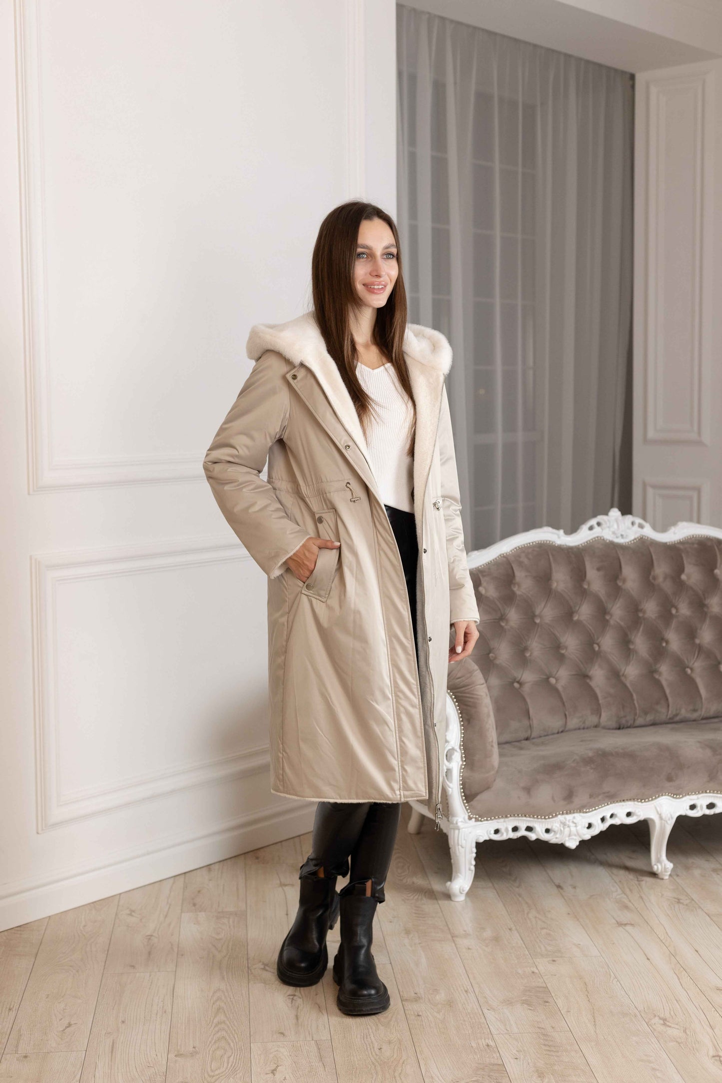 ⇆ Reversible Faux Alpaca Satin Hooded Coat