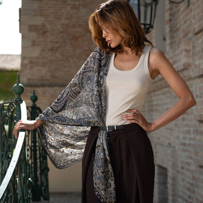 Helena - Silk Scarf Shawl - Brown and Blue - Solstik