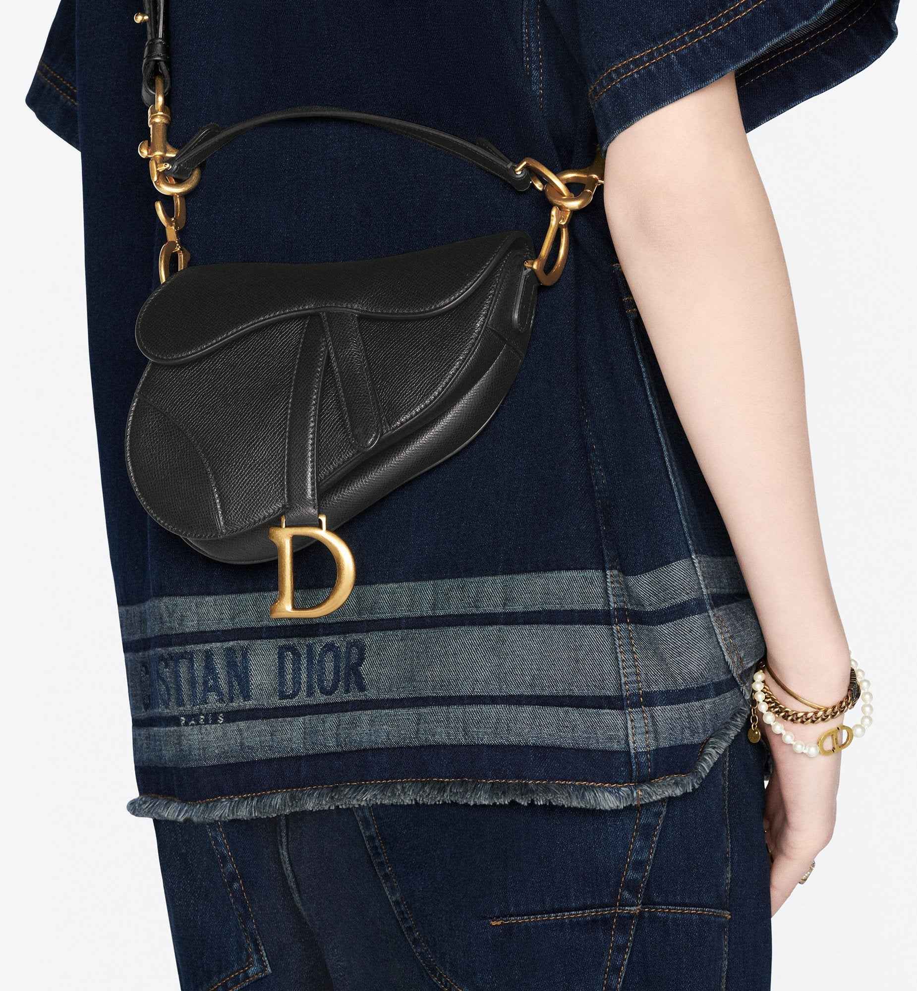 Mini Saddle Bag with Strap Black Grained Calfskin