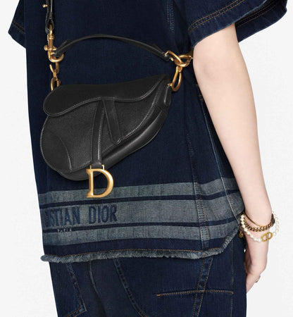 Mini Saddle Bag with Strap Black Grained Calfskin