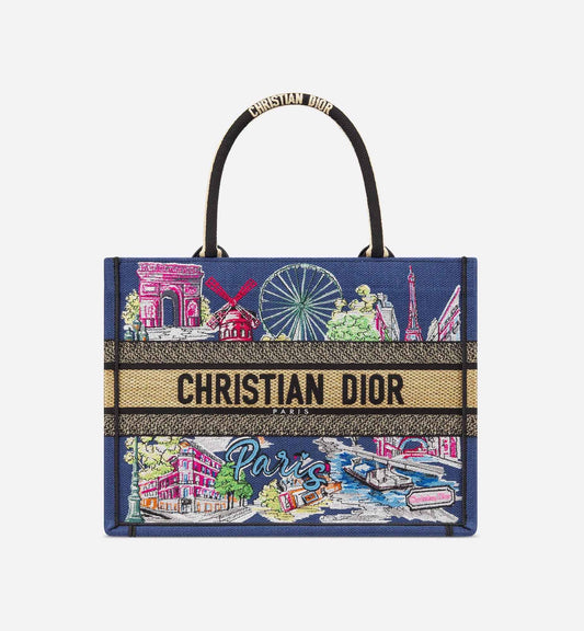 Souvenir Medium Book Tote Natural Raffia and Multicolor Embroidered Cotton