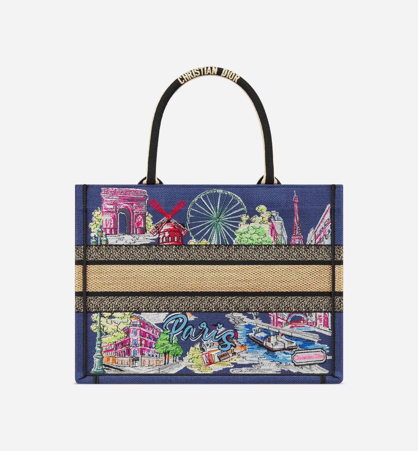 Souvenir Medium Book Tote Natural Raffia and Multicolor Embroidered Cotton