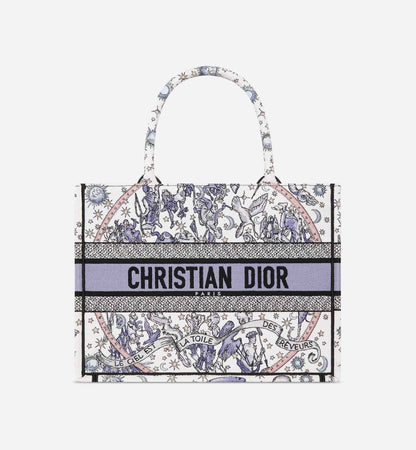 Lucky Medium Book Tote White and Blue Dior Night of Dreams Embroidery