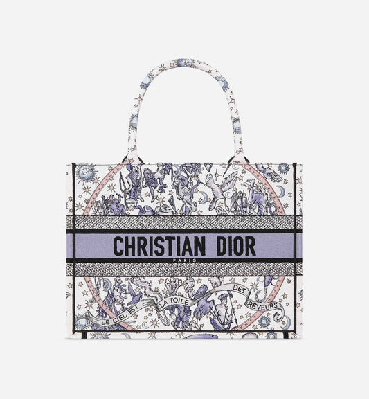Lucky Medium Book Tote White and Blue Dior Night of Dreams Embroidery