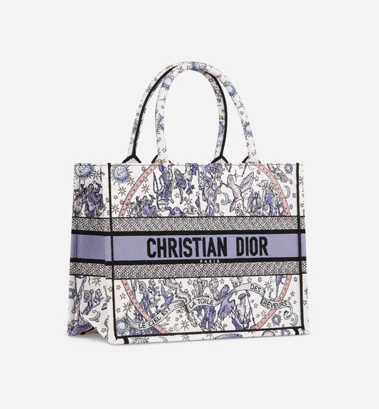 Lucky Medium Book Tote White and Blue Dior Night of Dreams Embroidery