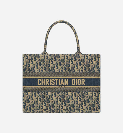 Medium Book Tote Blue Dior Oblique Chambray Embroidery