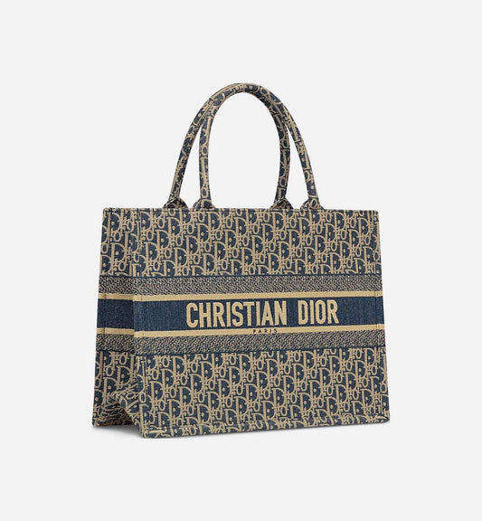 Medium Book Tote Blue Dior Oblique Chambray Embroidery