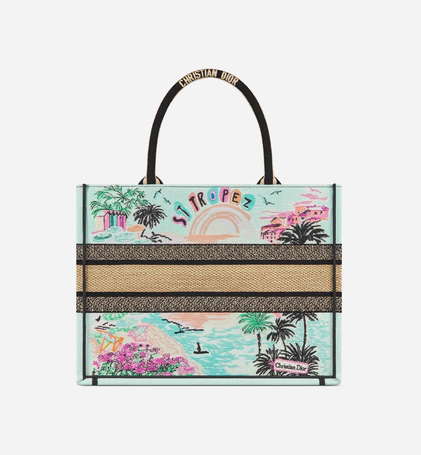 Souvenir Medium  Book Tote Natural Raffia and Multicolor Embroidered Cotton