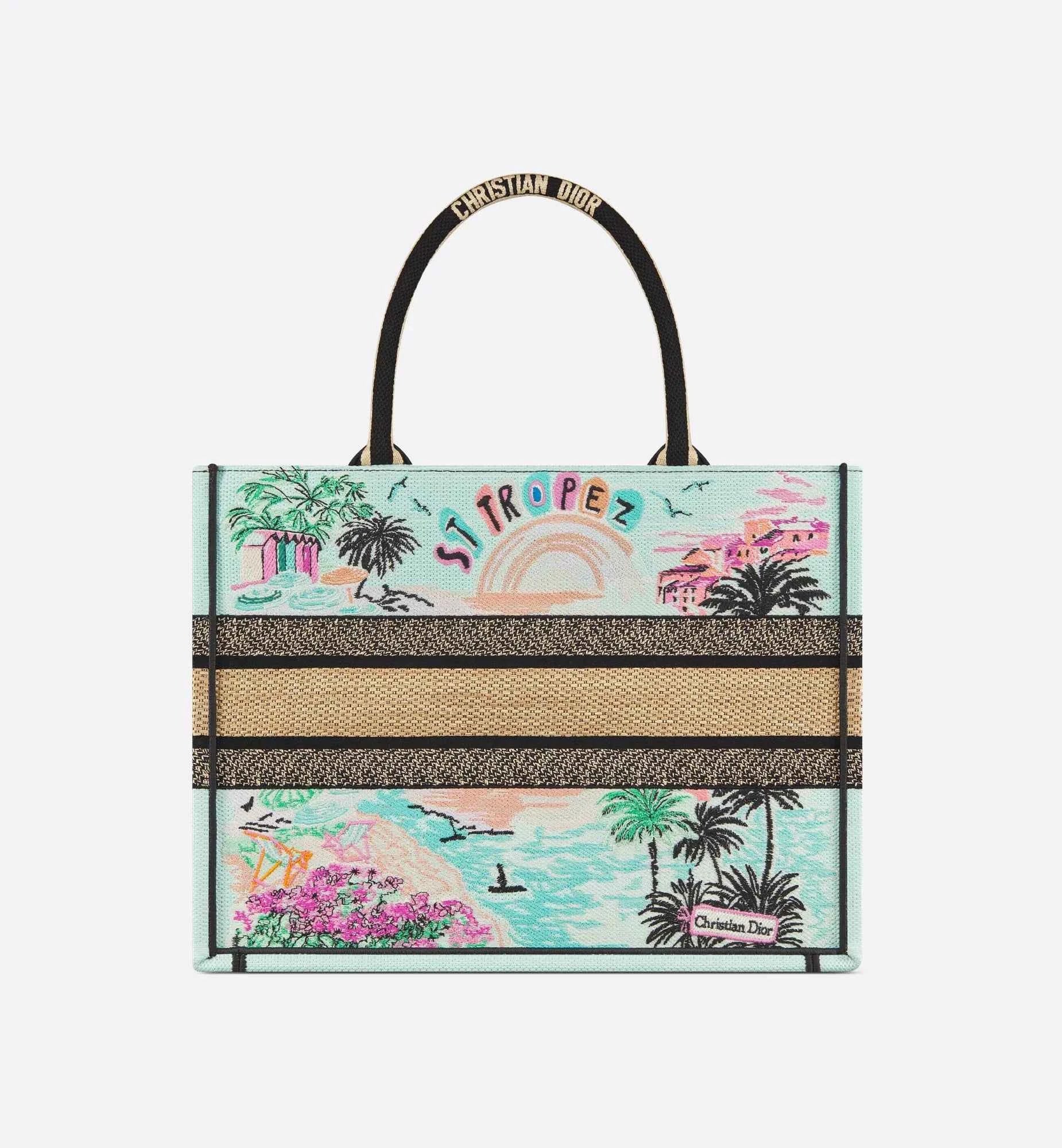Souvenir Medium  Book Tote Natural Raffia and Multicolor Embroidered Cotton