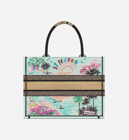 Souvenir Medium  Book Tote Natural Raffia and Multicolor Embroidered Cotton