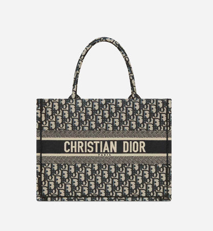 Medium Book Tote Blue Dior Oblique Chambray Embroidery