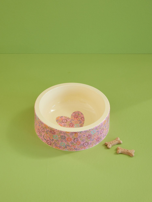 Round Pet Bowl - Pink - Flower Print