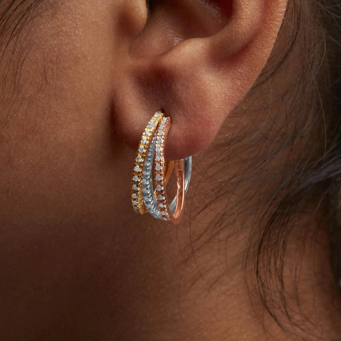 14K Three-Tone Gold Diamond Trio Hoop Earrings - 22 MM - Solstik
