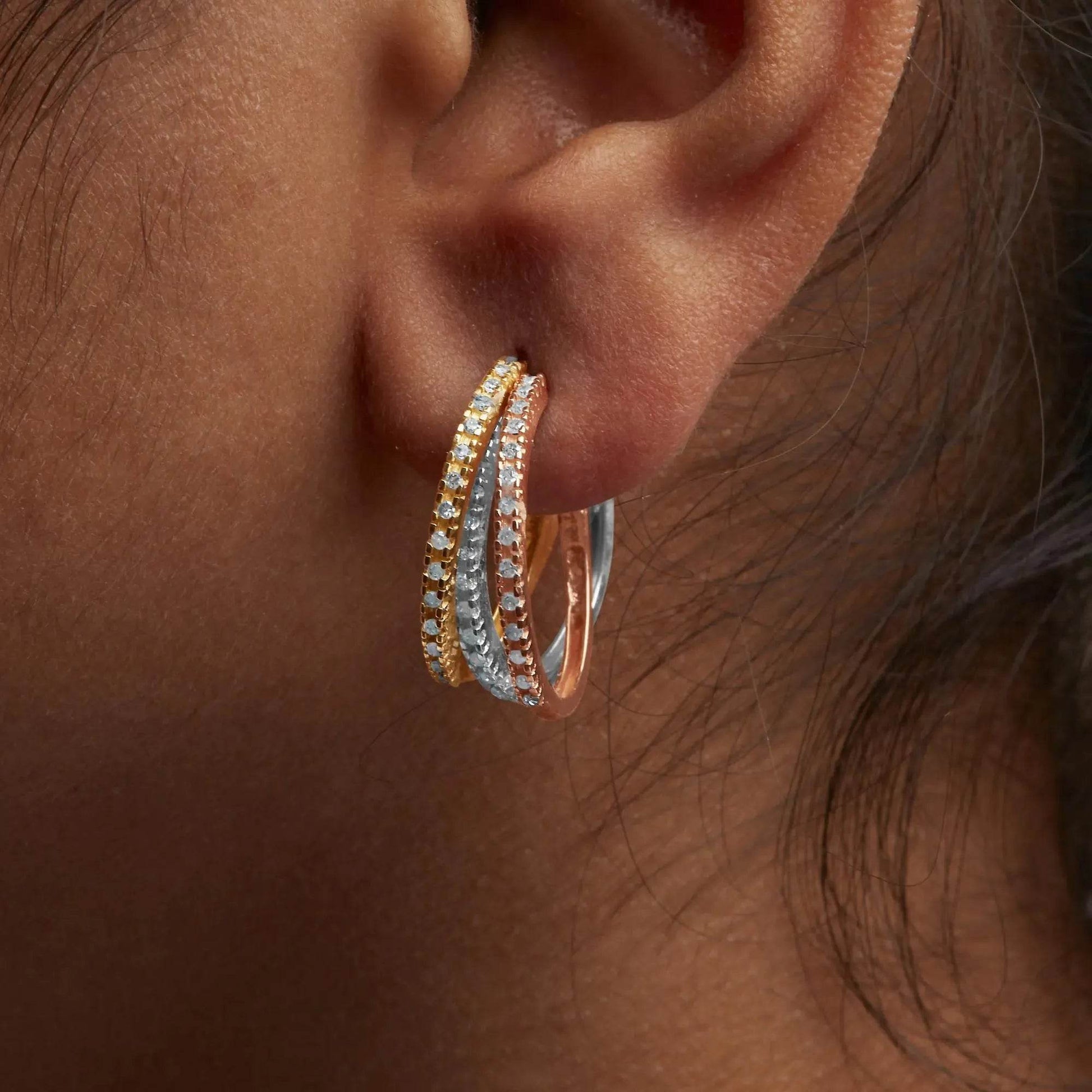 14K Three-Tone Gold Diamond Trio Hoop Earrings - 22 MM - Solstik
